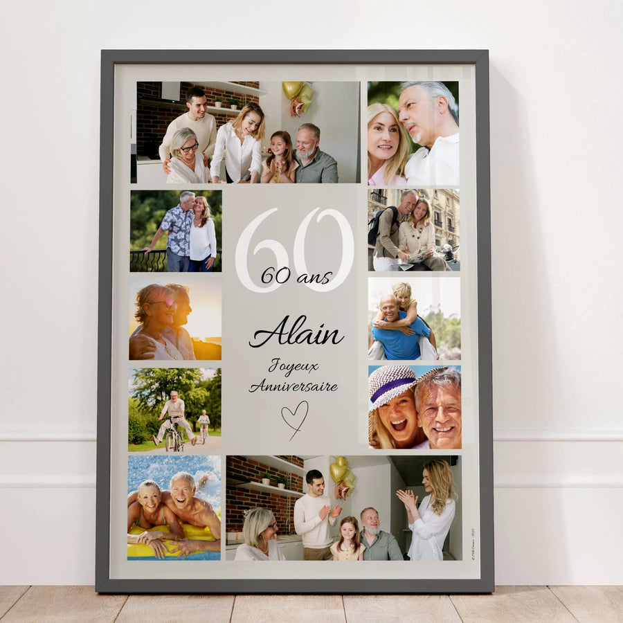 Cadeau 60 ans homme personnalisé avec photos, affiche anniversaire élégante et sobre