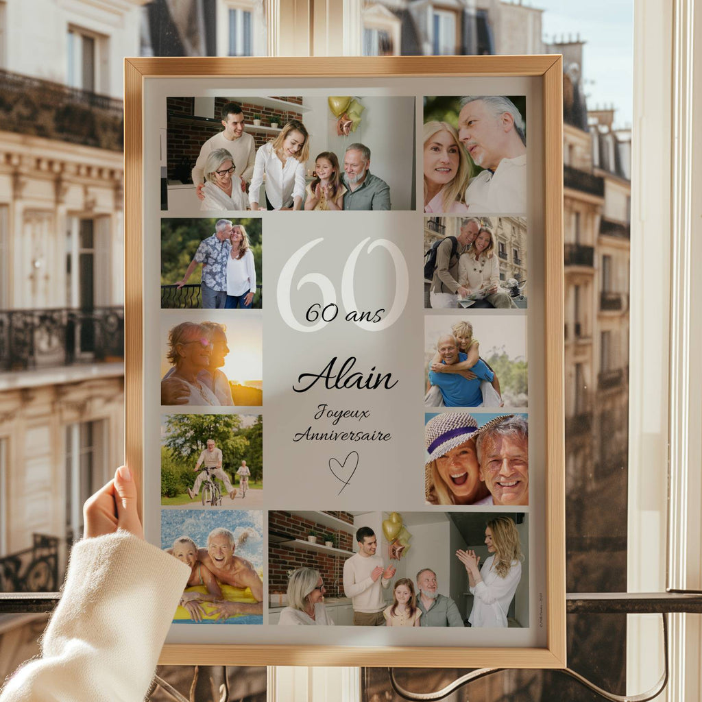 Cadeau 60 ans papa personnalisé avec photos, affiche anniversaire sobre et élégante pour célébrer un père