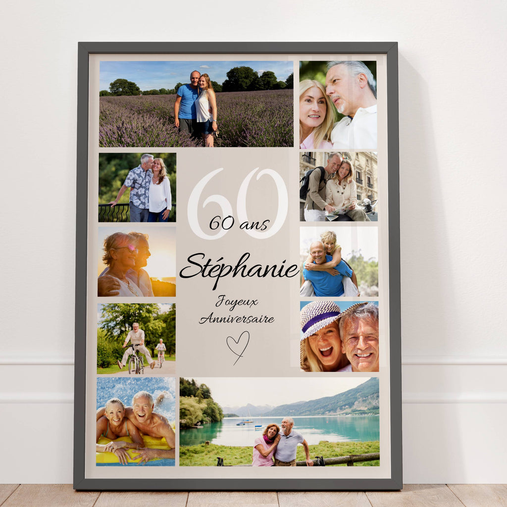 Cadeau 60 ans personnalisé avec photos, affiche anniversaire élégante pour femme ou homme, souvenir unique et émouvant