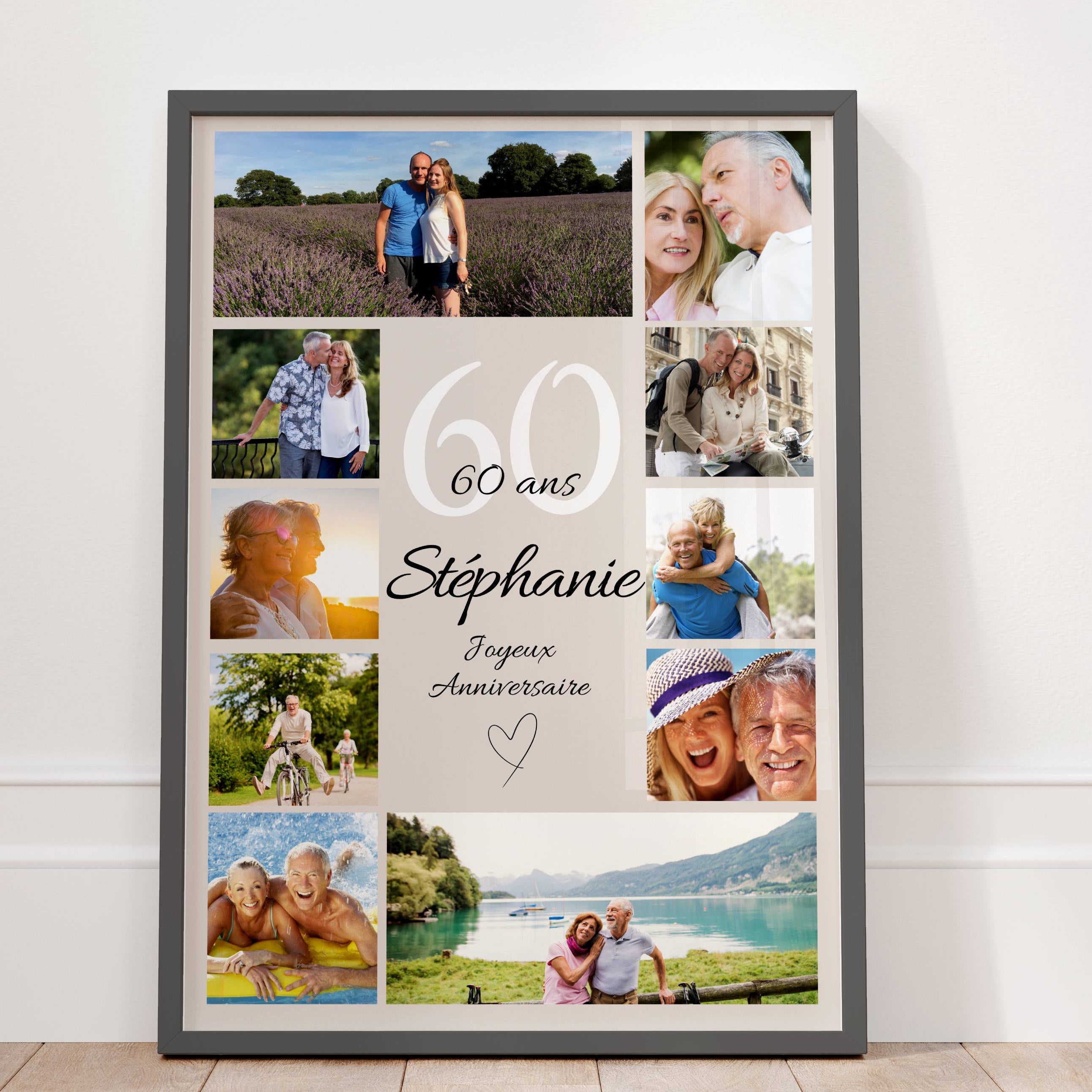 Cadeau 60 ans personnalisé avec photos, affiche anniversaire élégante pour femme ou homme, souvenir unique et émouvant
