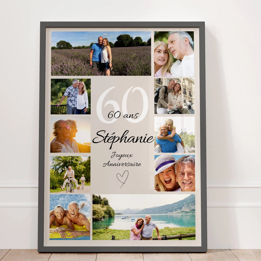 Cadeau 60 ans personnalisé avec photos, affiche anniversaire élégante pour femme ou homme, souvenir unique et émouvant