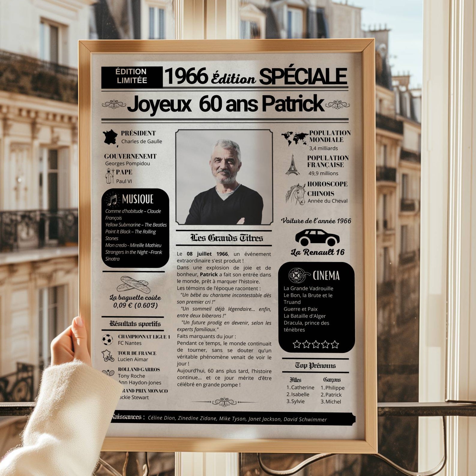 Affiche 60 ans personnalisée façon journal de l’année 1966, cadeau anniversaire original et chargé de souvenirs.