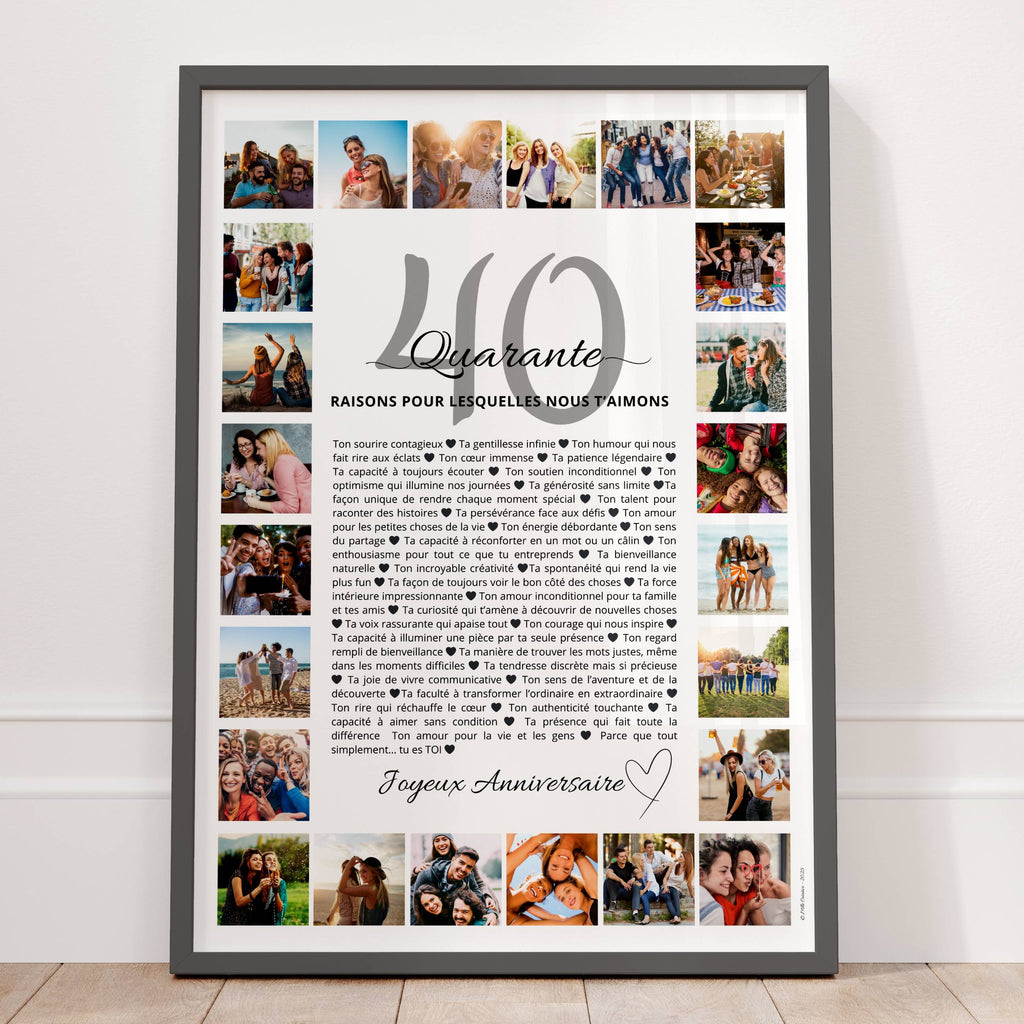 Affiche anniversaire 40 ans femme avec 40 raisons de l'aimer et collage de 24 photos souvenirs, présentée dans un cadre noir.