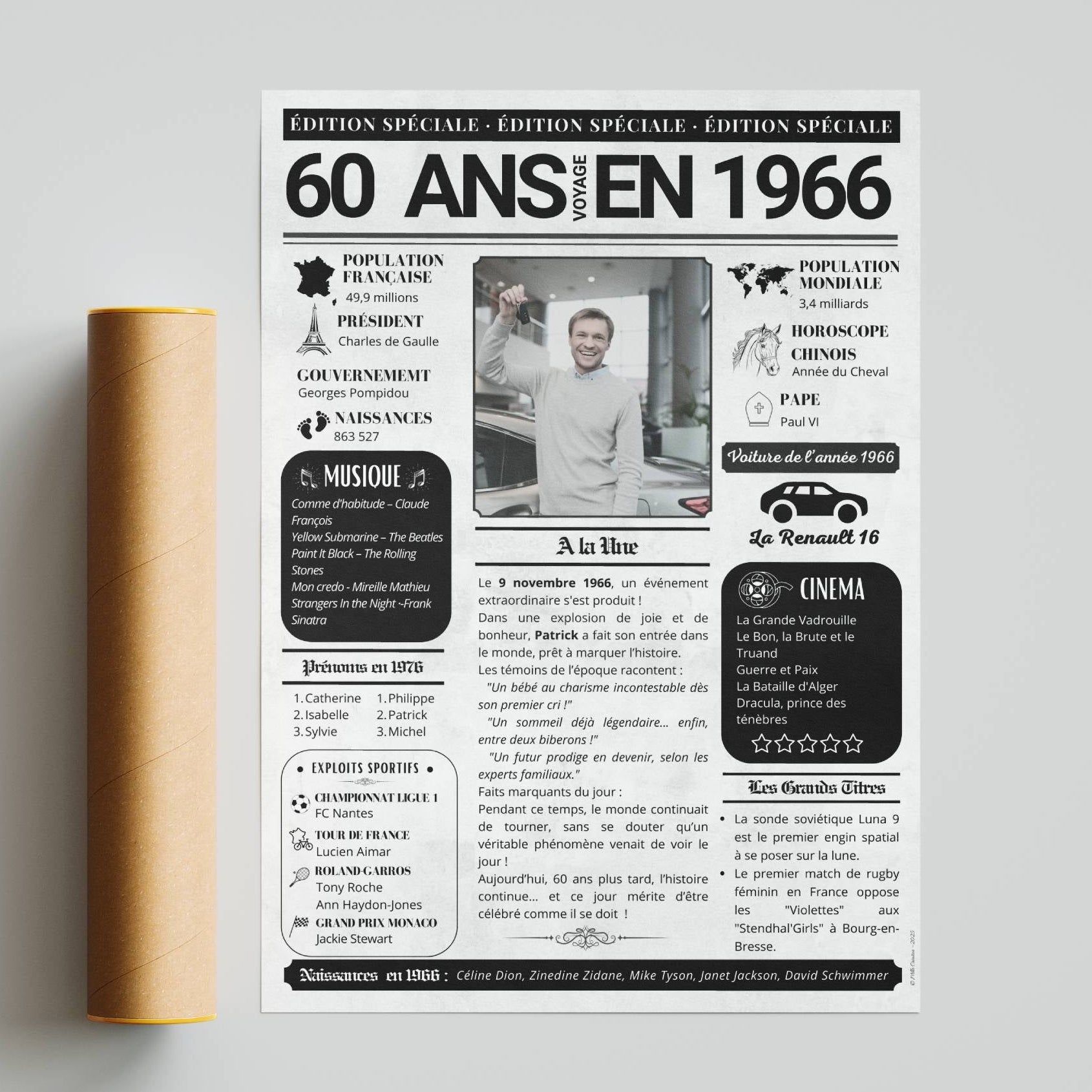 Cadeau anniversaire 60 ans homme personnalisé avec photo style journal rétro