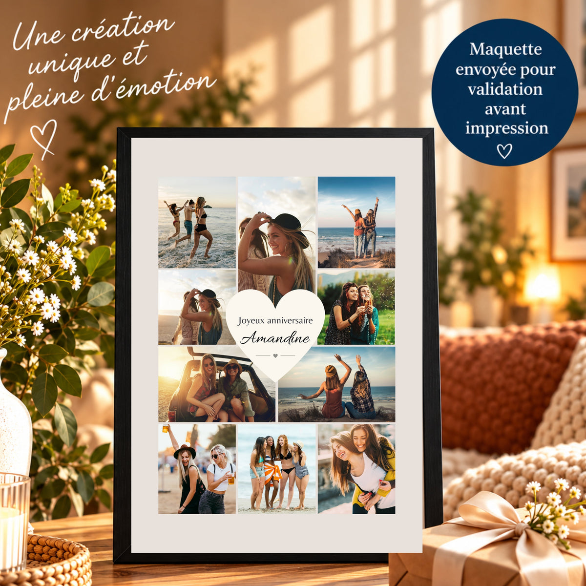 Affiche photo souvenir personnalisée pour un anniversaire, dans un cadre noir près d'un cadeau, avec maquette à valider avant impression.
