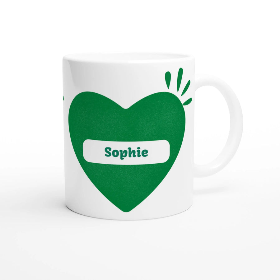 Mug Amore Mio, cadeau romantique en céramique blanche, durable et personnalisable.