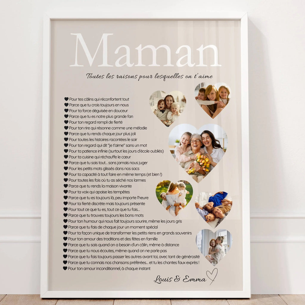 Affiche maman avec texte toutes les raisons pour lesquelles on t’aime et message d’amour personnalisé – idée cadeau maman touchante.