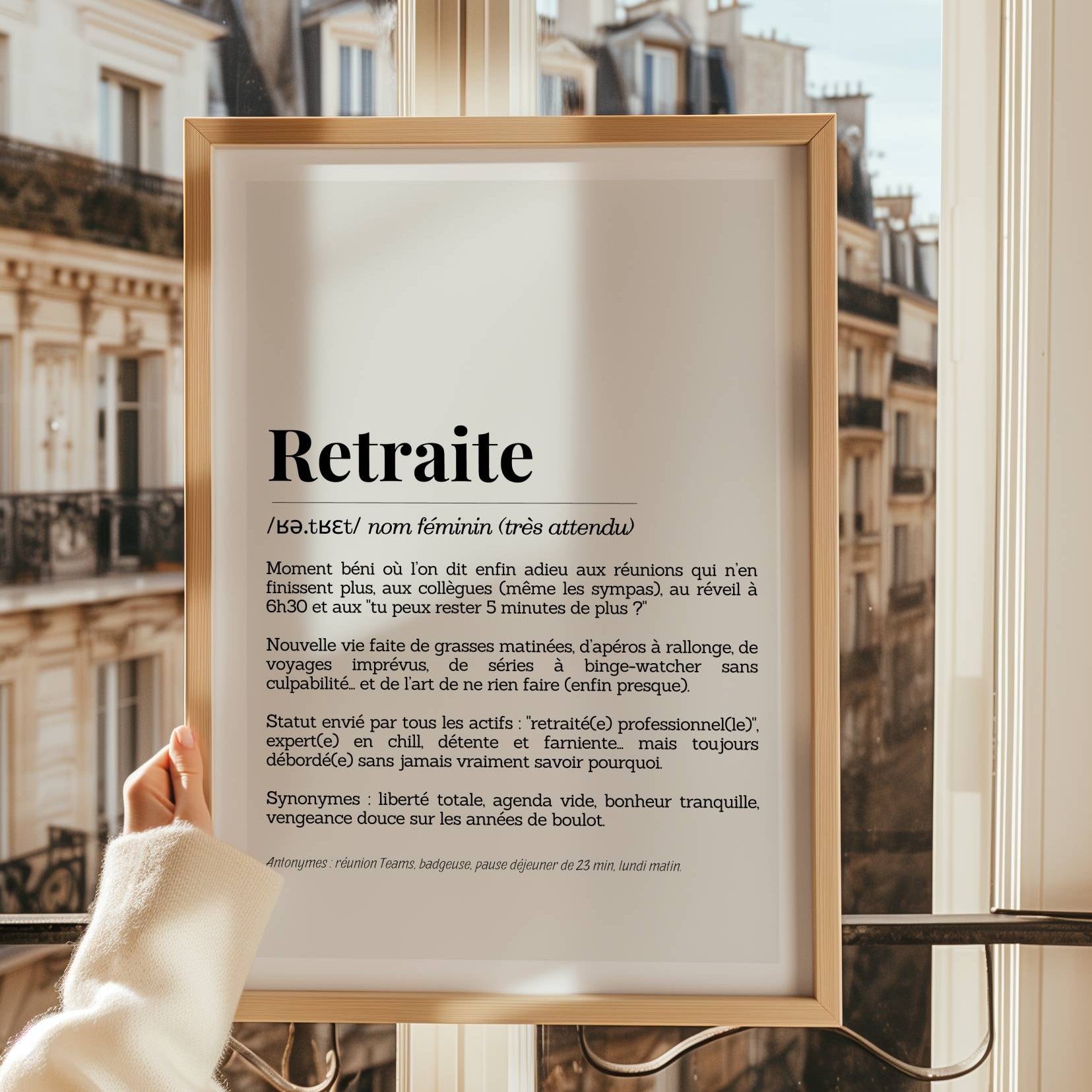 Affiche définition retraite avec texte drôle et élégant pour cadeau de collègues ou famille