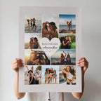Affiche photo souvenir	Femme tenant une affiche photo personnalisée pour l'anniversaire d'une amie, avec collage de souvenirs et prénom