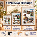 ffiche anniversaire personnalisée disponible en trois formats, A4, 30×40 et 45×60 cm, avec cadres noir, blanc ou bois clair.