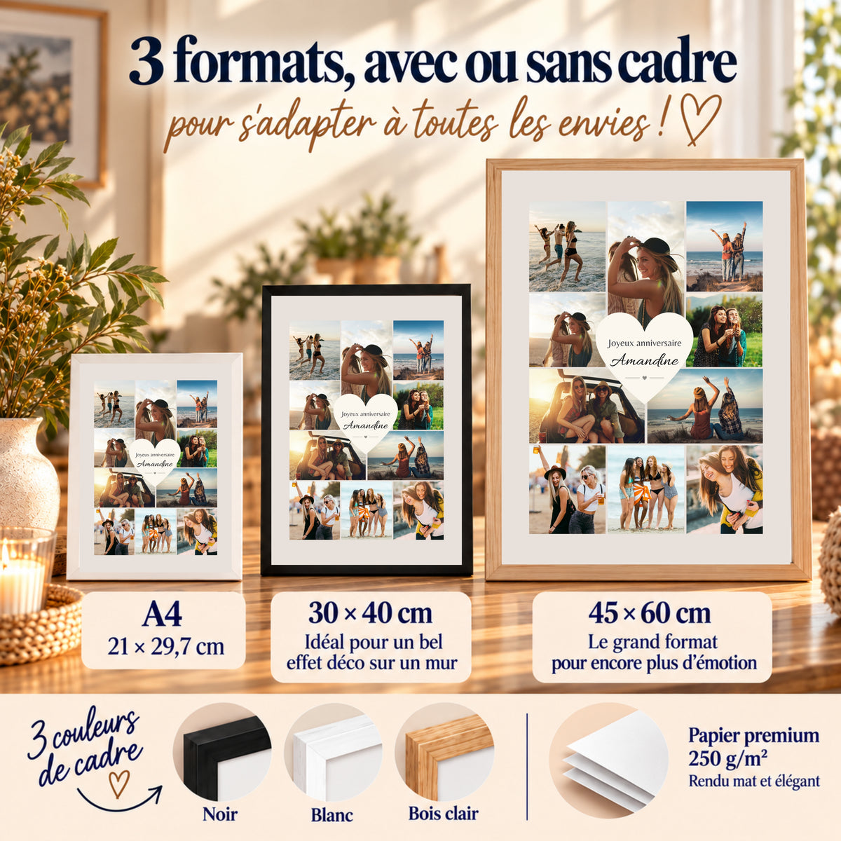 ffiche anniversaire personnalisée disponible en trois formats, A4, 30×40 et 45×60 cm, avec cadres noir, blanc ou bois clair.