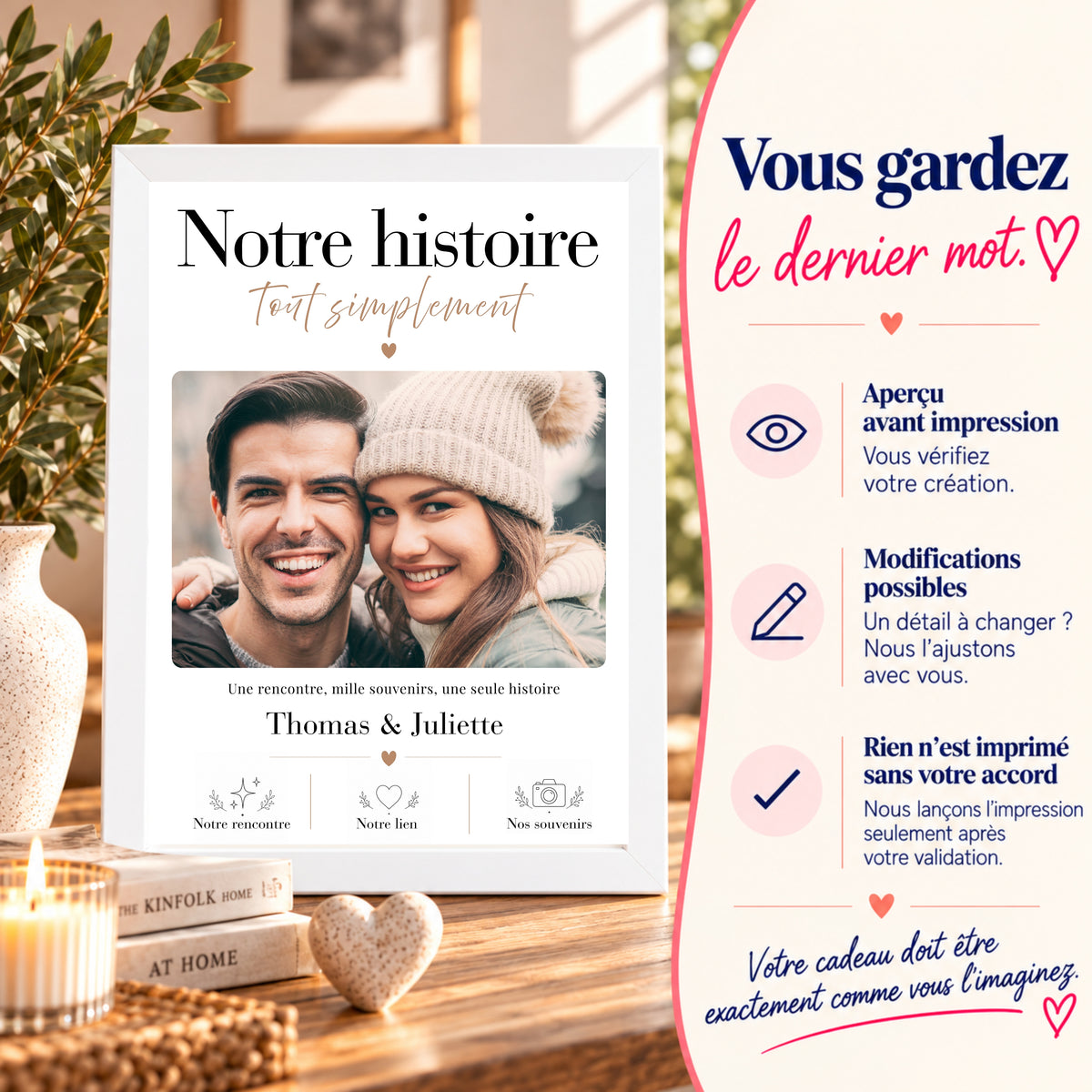 Affiche couple Notre histoire dans un cadre blanc avec aperçu avant impression, modifications possibles et validation avant fabrication.