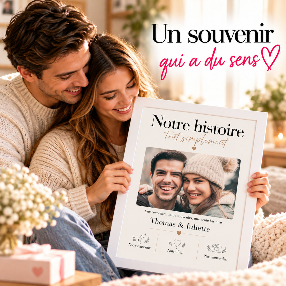 Couple découvrant une affiche personnalisée Notre histoire avec leur photo, présentée dans un cadre blanc.