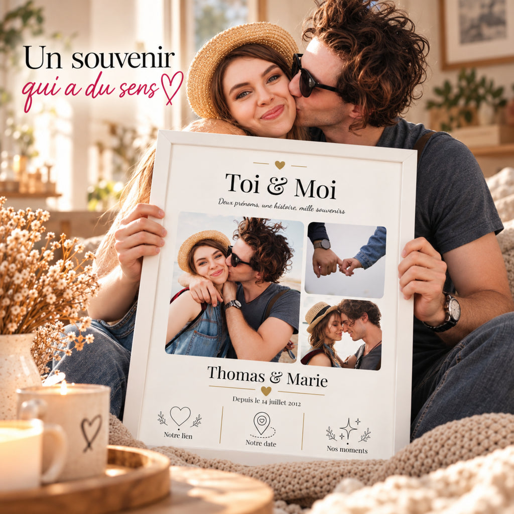 Couple échangeant un baiser et tenant son affiche personnalisée avec photos dans un cadre blanc, idée cadeau romantique.