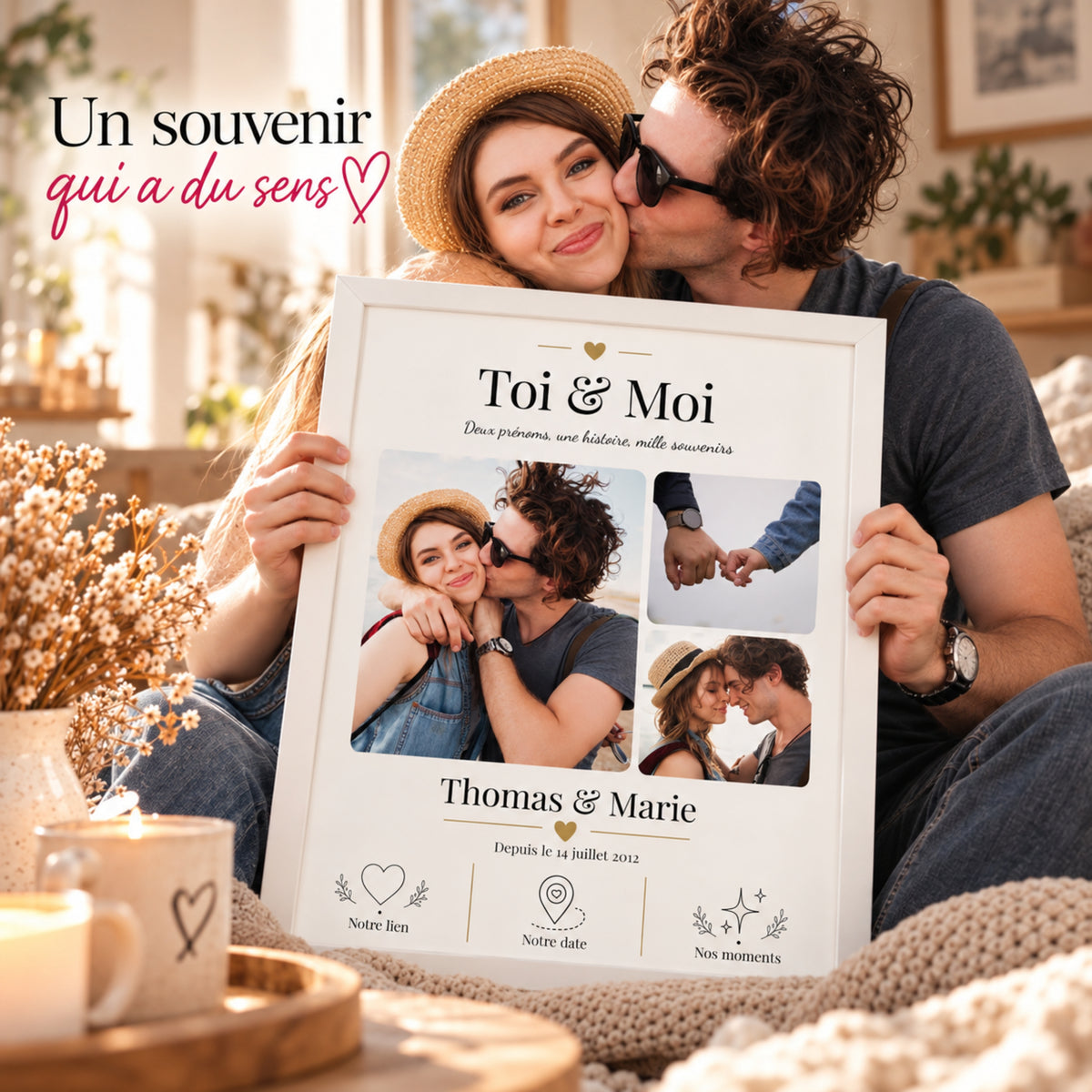 Couple échangeant un baiser et tenant son affiche personnalisée avec photos dans un cadre blanc, idée cadeau romantique.
