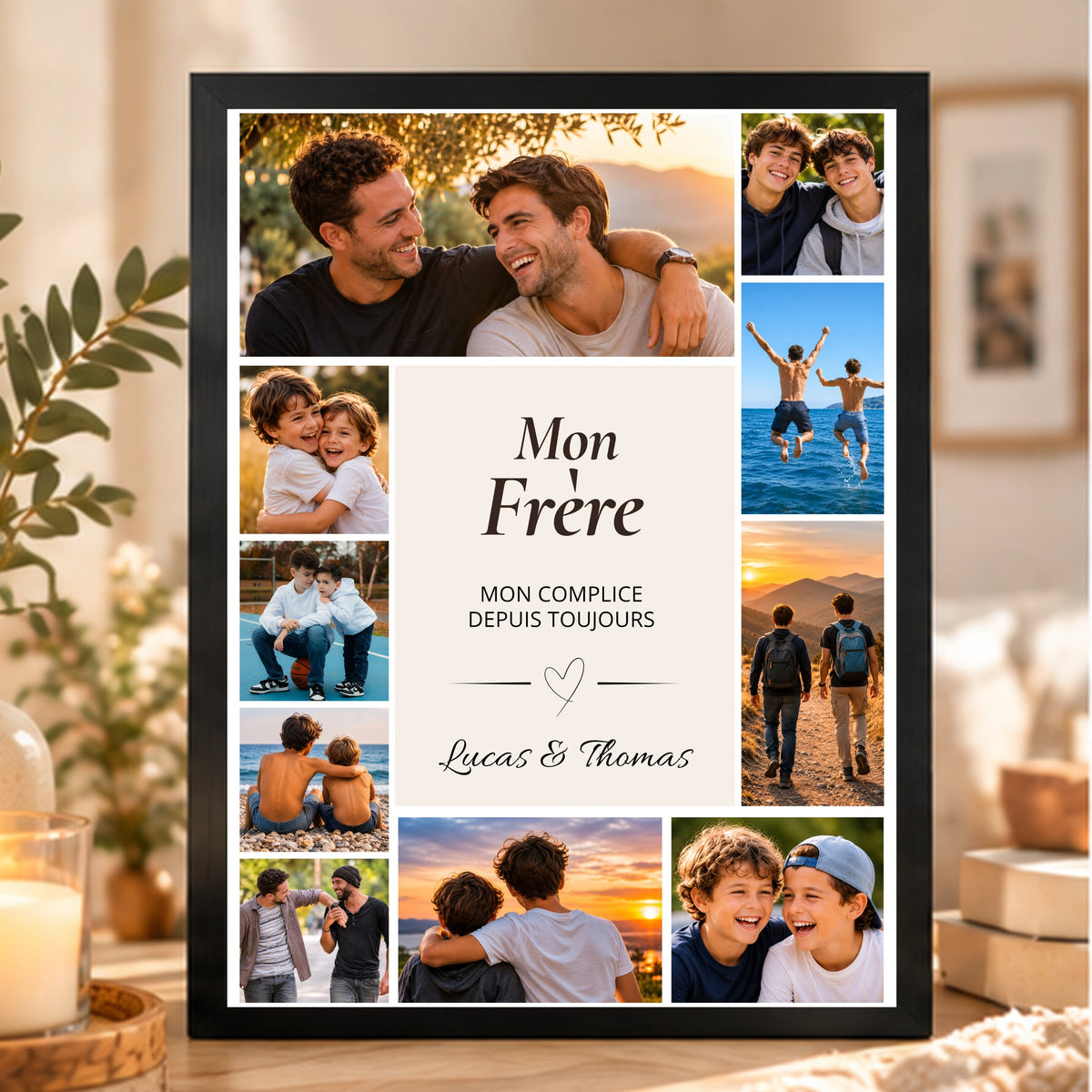 Affiche photo souvenir pour un frère, présentée dans un cadre noir sur un meuble en bois, avec 10 photos de moments partagés.