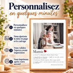 Étapes de création d'une affiche personnalisée pour mamie : personnalisation, mise en page, validation de la maquette et impression