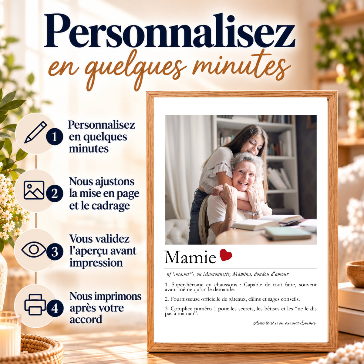 Étapes de création d'une affiche personnalisée pour mamie : personnalisation, mise en page, validation de la maquette et impression