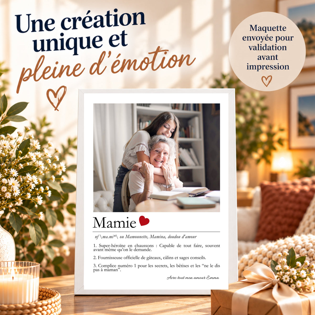 Affiche Mamie personnalisée avec photo de sa petite-fille, texte affectueux et cadre blanc, présentée dans une ambiance chaleureuse avec un cadeau emballé et une maquette à valider avant impression.