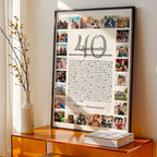 Affiche 40 raisons pour lesquelles nous t'aimons, personnalisée avec photos pour les 40 ans d'une femme, dans un cadre noir sur un meuble.