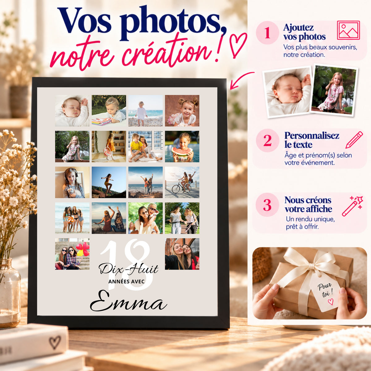 Étapes de personnalisation d'une affiche anniversaire avec photo : ajout des photos souvenirs, choix du prénom et de l'âge, puis création de l'affiche.