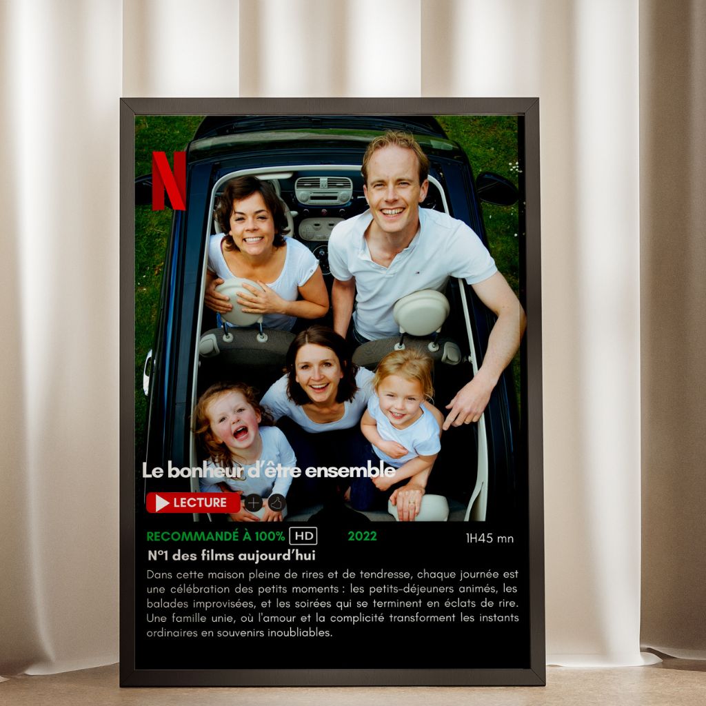 Affiche inspirée Netflix avec personnalisation complète et design moderne.