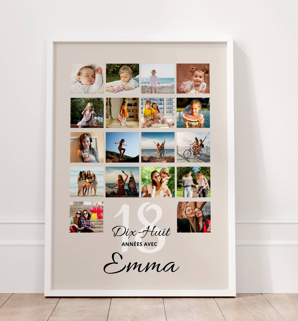 Détail affiche 18 ans personnalisée montrant la mosaïque de 18 photos, souvenir photo unique pour un cadeau d’anniversaire