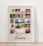 Détail affiche 18 ans personnalisée montrant la mosaïque de 18 photos, souvenir photo unique pour un cadeau d’anniversaire