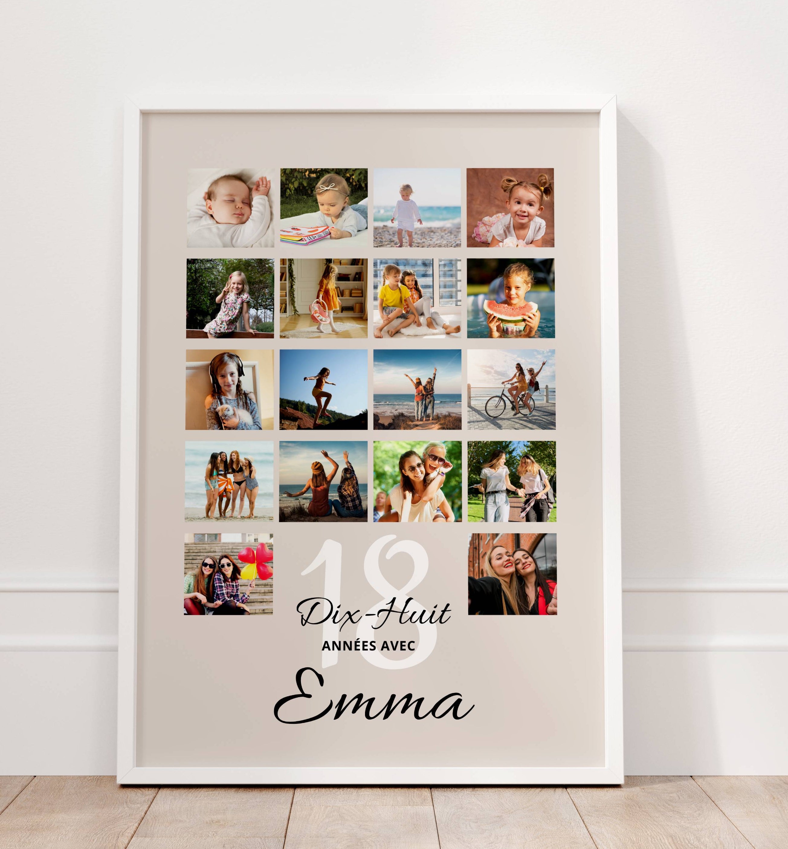 Détail affiche 18 ans personnalisée montrant la mosaïque de 18 photos, souvenir photo unique pour un cadeau d’anniversaire