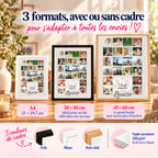 Comparaison des affiches photo anniversaire 20 ans en A4, 30 × 40 et 45 × 60 cm, avec cadres blanc, noir ou bois clair et papier premium.
