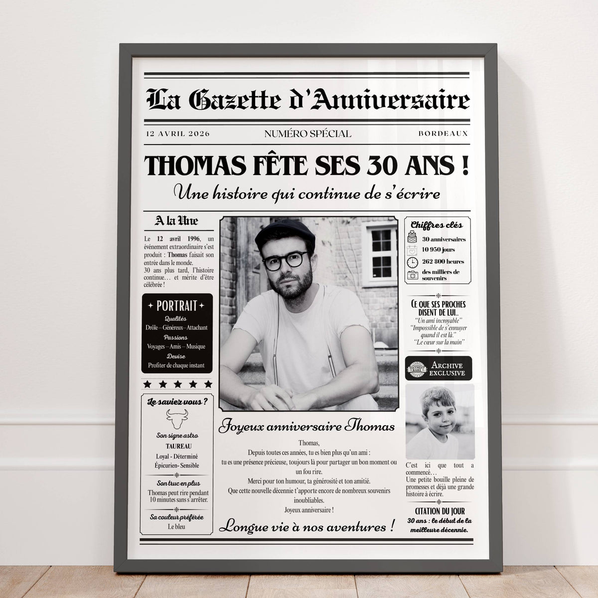 Cadeau original pour les 30 ans d'un homme : gazette anniversaire personnalisée avec deux photos et prénom, dans un cadre noir.