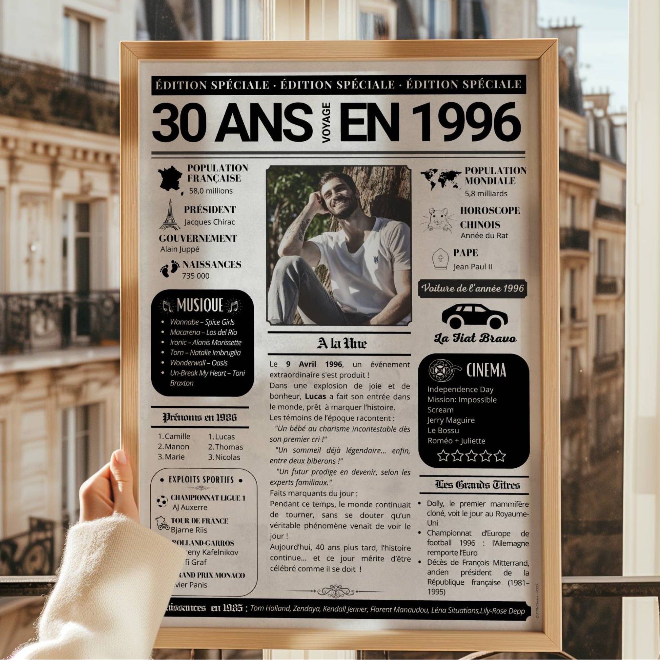 Idée cadeau 30 ans personnalisé avec affiche journal 1996 et photo, souvenir unique à offrir pour un anniversaire.