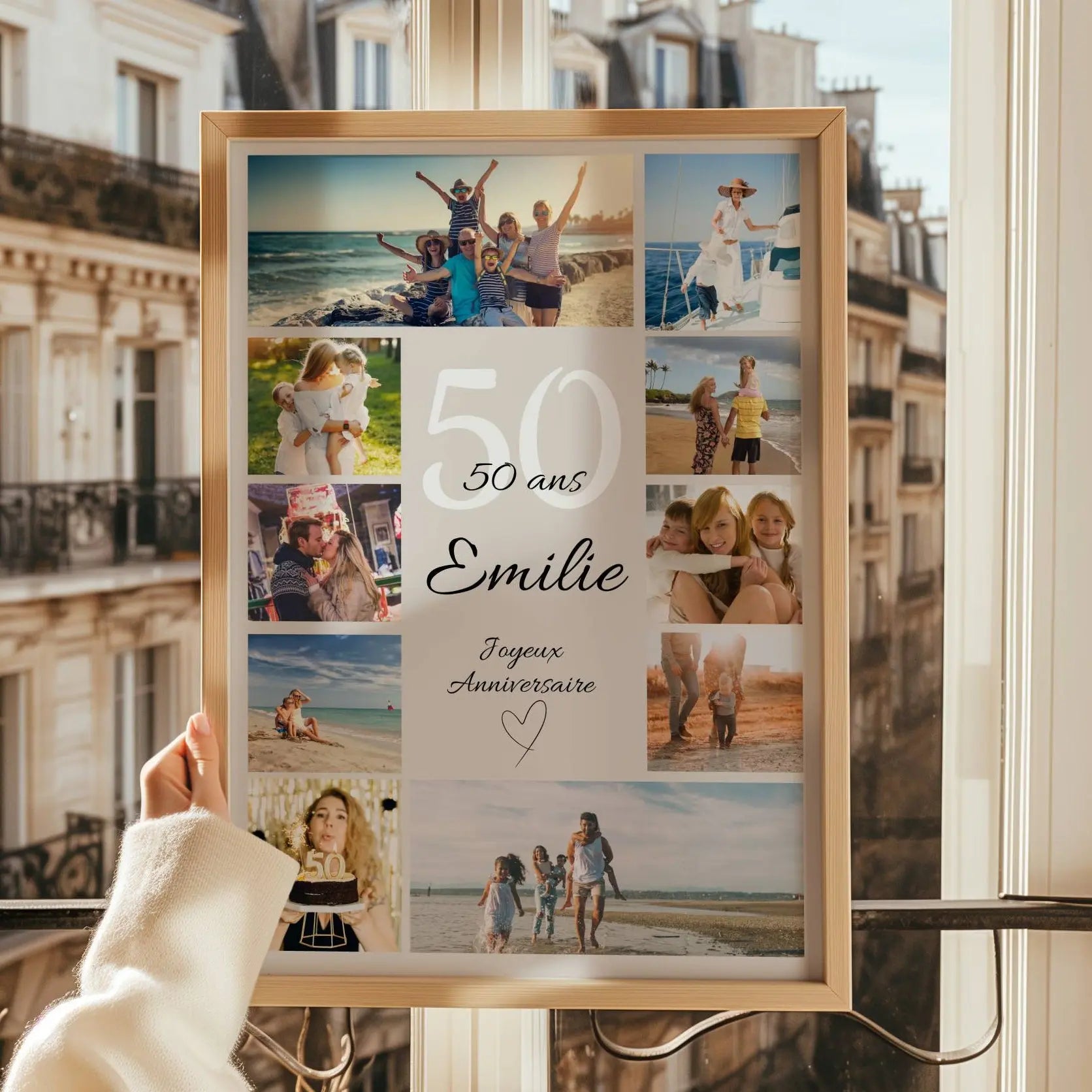 Idée cadeau 50 ans personnalisé avec photos, affiche souvenir émotion offerte pour un anniversaire