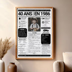 Journal année de naissance 1986 personnalisé pour les 40 ans d'une femme, affiche encadrée en bois dans un intérieur lumineux.
