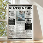 Cadeau 40 ans homme original : journal de naissance 1986 avec photo personnalisée, encadré en blanc près d'une fenêtre.