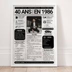 Cadeau anniversaire 40 ans personnalisé avec affiche photo souvenir inspirée d’un journal de naissance.