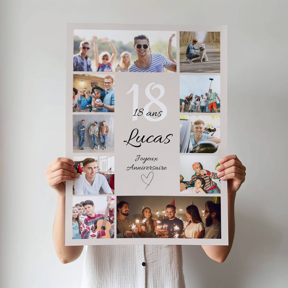 Affiche anniversaire 18 ans avec plusieurs photos personnalisées retraçant les souvenirs et moments forts