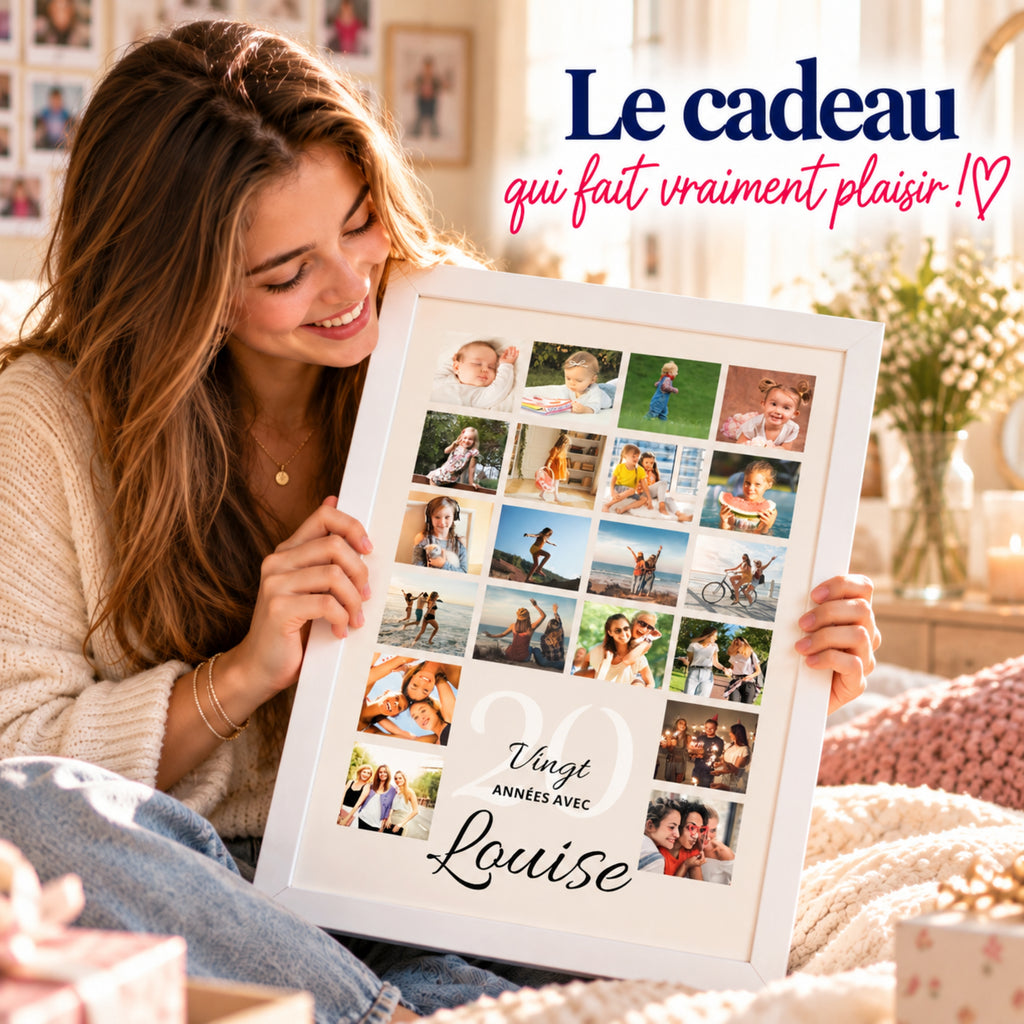 Jeune femme souriante découvrant son affiche photo anniversaire 20 ans personnalisée, présentée dans un cadre blanc.