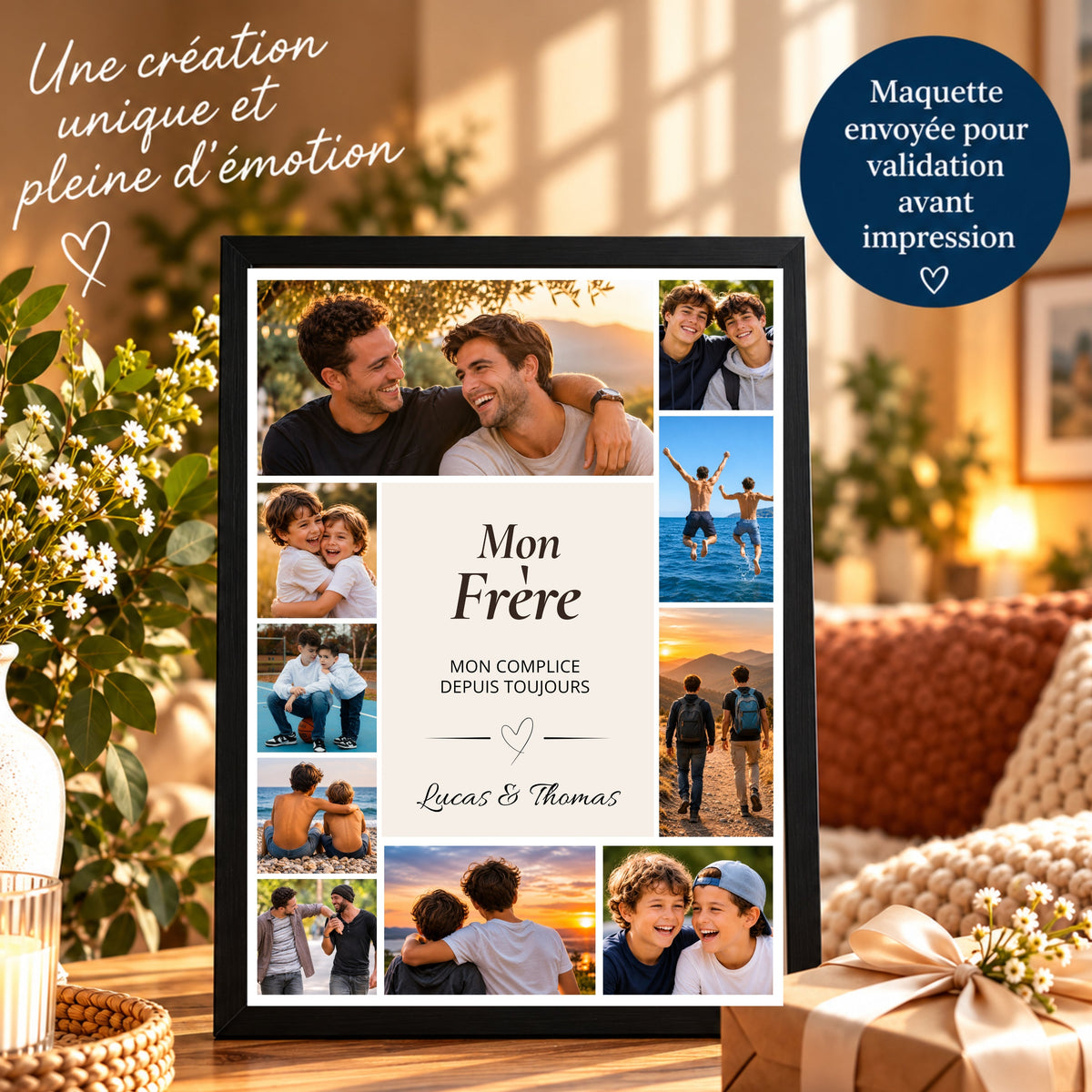 Idée cadeau pour un frère : affiche photo personnalisée dans un cadre noir, entourée de fleurs, d'une bougie et d'un paquet cadeau.