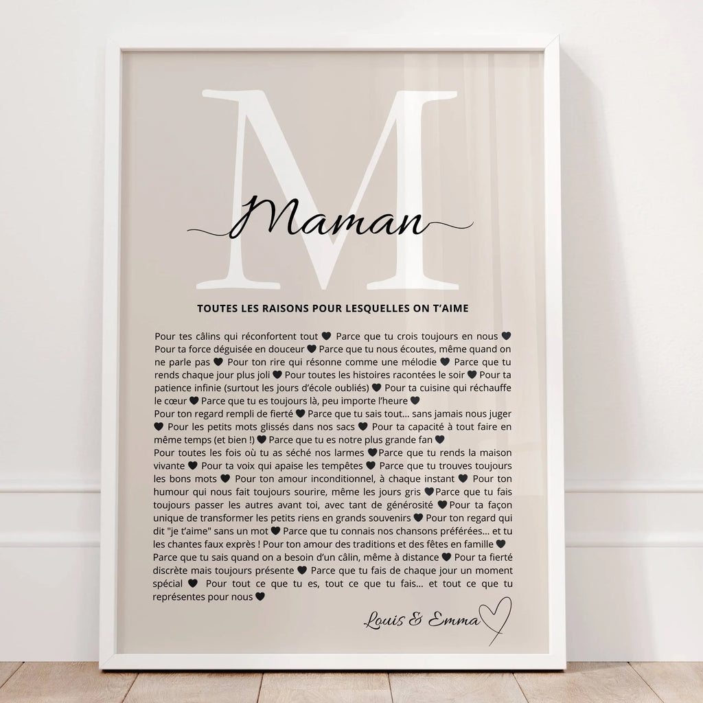 Idée cadeau maman affiche raisons d’aimer maman personnalisée avec prénoms enfants