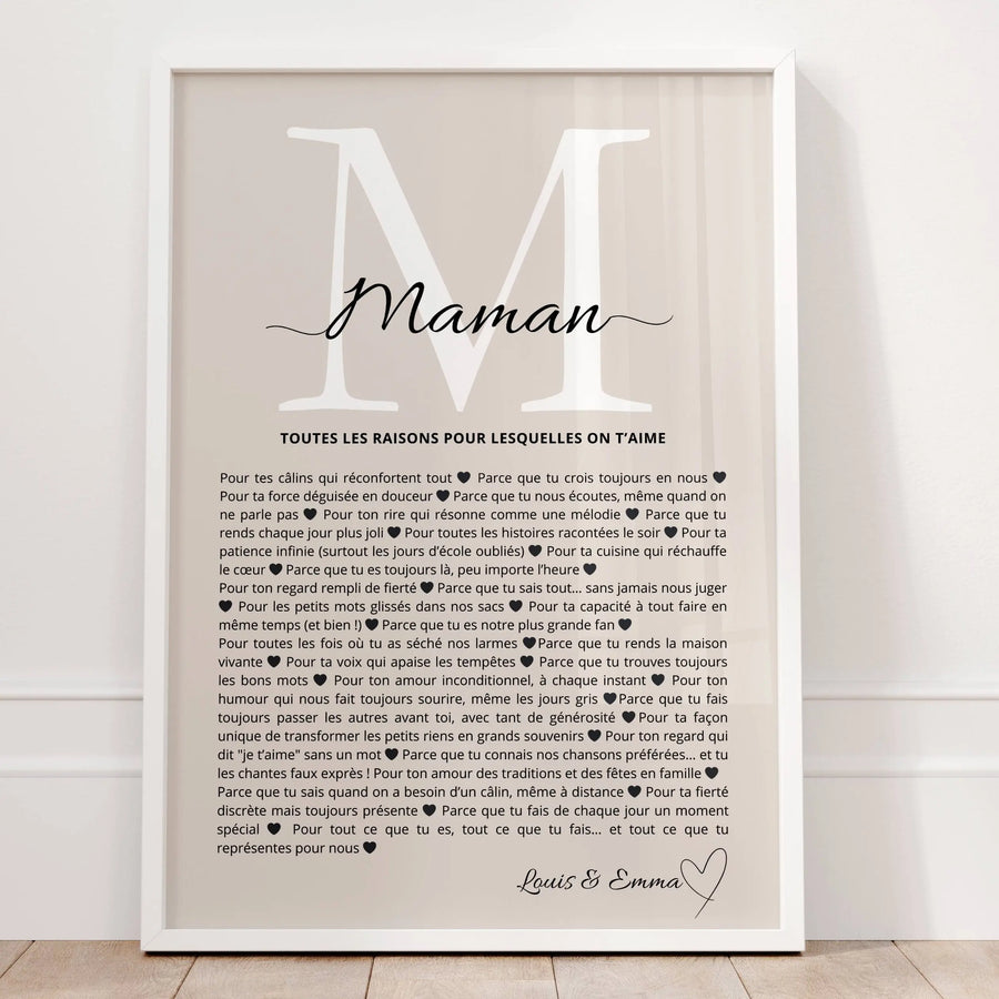 Idée cadeau maman affiche raisons d’aimer maman personnalisée avec prénoms enfants