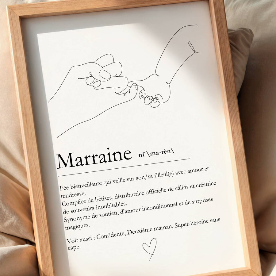 Affiche définition marraine encadrée dans une décoration intérieure moderne et chaleureuse