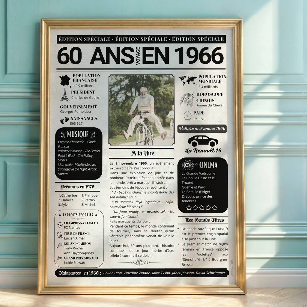 Journal de l’année 1966 personnalisé avec musique cinéma sport et voiture de l’année Renault 16