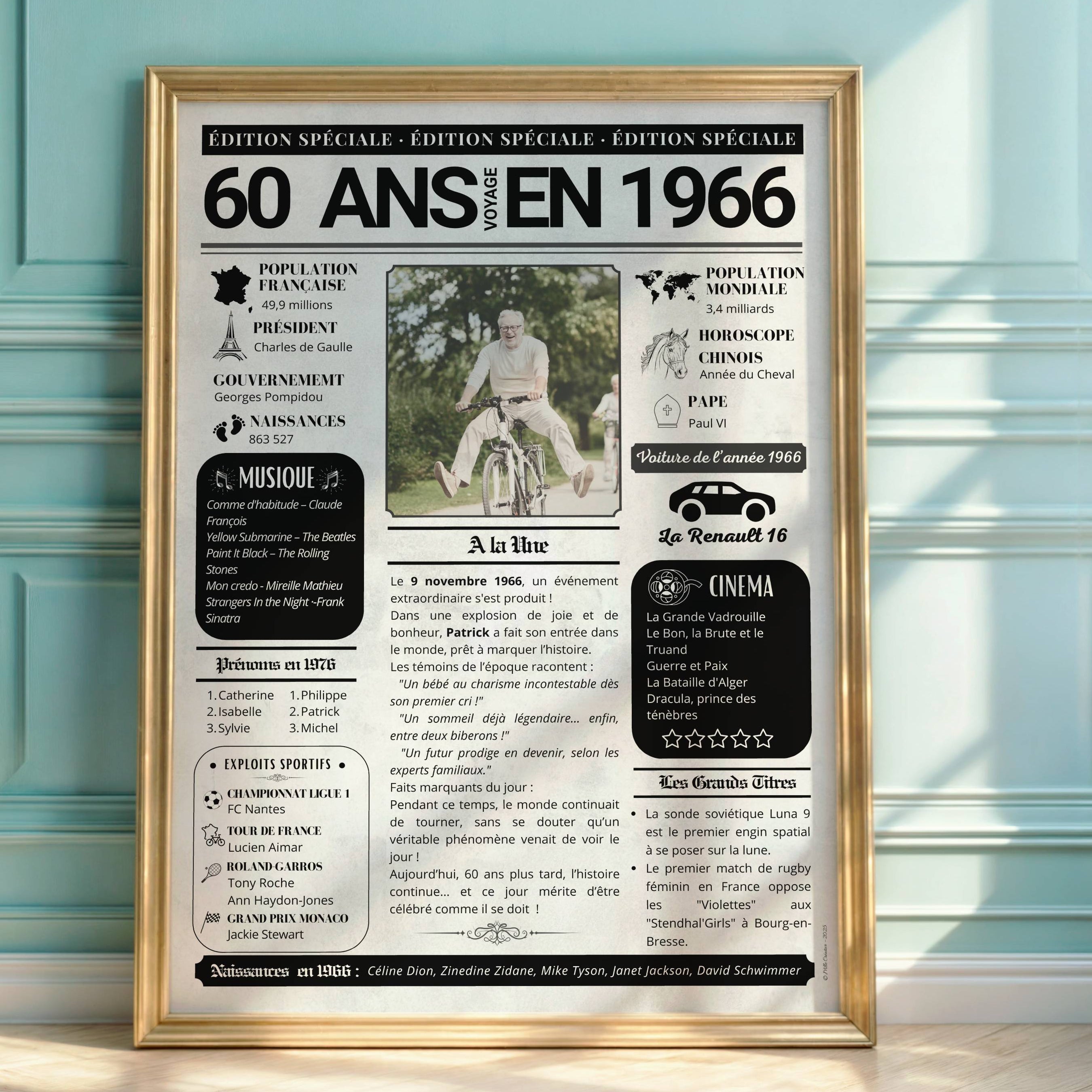 Journal de l’année 1966 personnalisé avec musique cinéma sport et voiture de l’année Renault 16