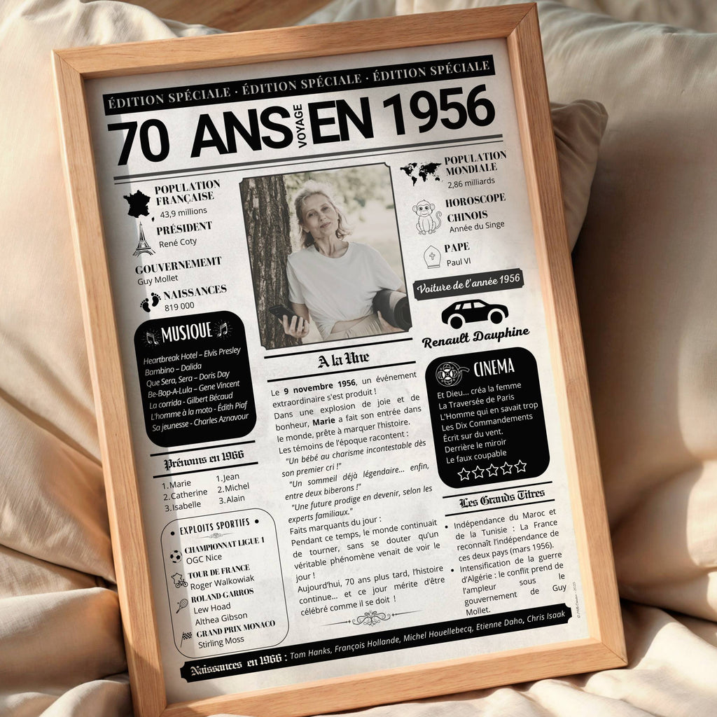 Journal de l’année 1956 personnalisé pour femme avec gouvernement sport musique et actualités marquantes