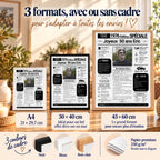 Comparaison des trois formats d'affiche journal anniversaire 50 ans homme, disponibles avec ou sans cadre noir, blanc ou bois clair