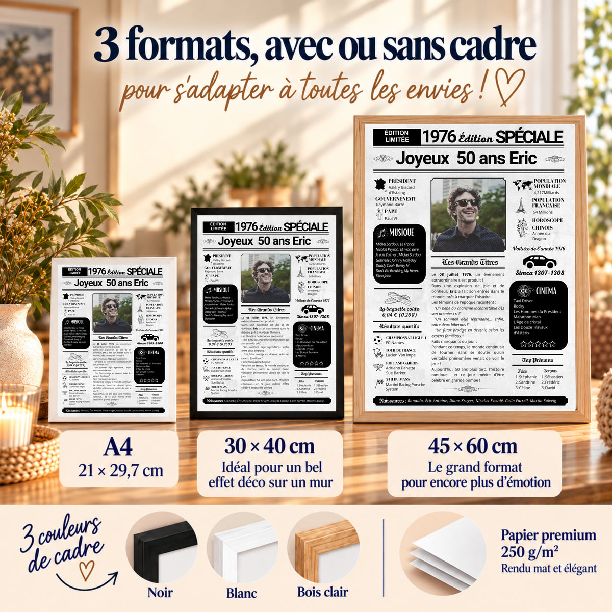 Comparaison des trois formats d'affiche journal anniversaire 50 ans homme, disponibles avec ou sans cadre noir, blanc ou bois clair