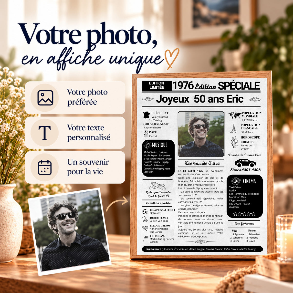 Affiche journal des 50 ans personnalisable avec une photo, un prénom et un texte personnel pour créer un souvenir unique.