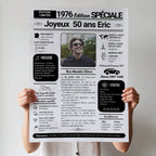 Affiche journal anniversaire 50 ans homme personnalisée avec photo, prénom et événements de son année de naissance, présentée sans cadre.