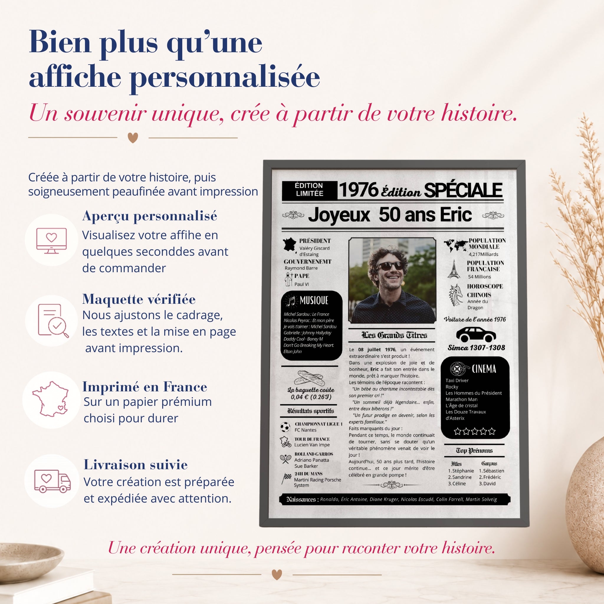 Affiche journal de l’année 1976 avec photo  - Cadeau 50 ans